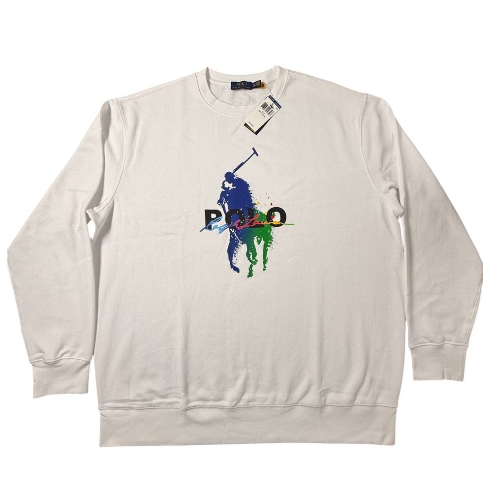 Polo Ralph Lauren Sweatshirt Mens 2XLT White NEW Big Pony Paint Splatter Fleece